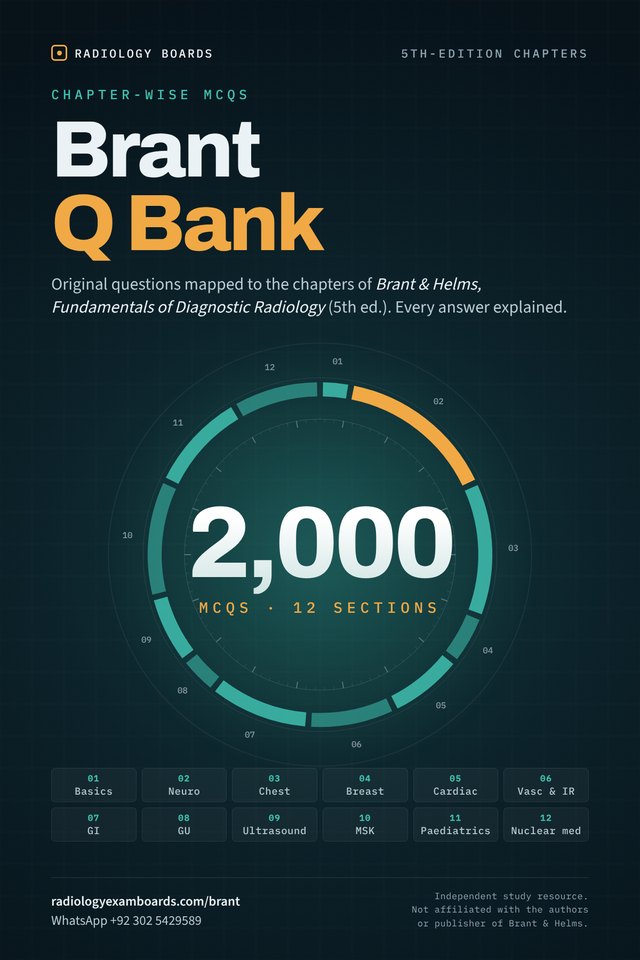 Brant Radiology Q Bank poster: 2,000 chapter-wise MCQs across 12 sections, from Radiology Boards.